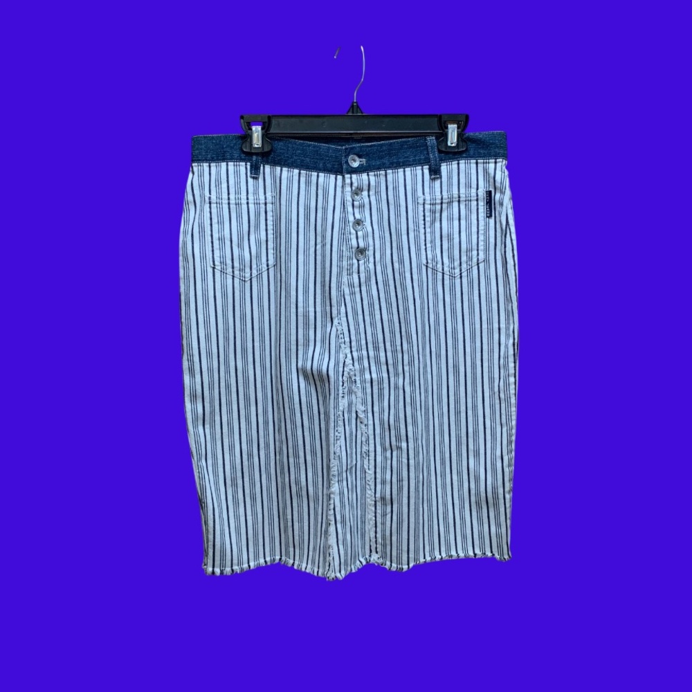 DKNY Jeans Vintage Striped Denim Midi Skirt Button Fly Raw Hem Woman’s 10